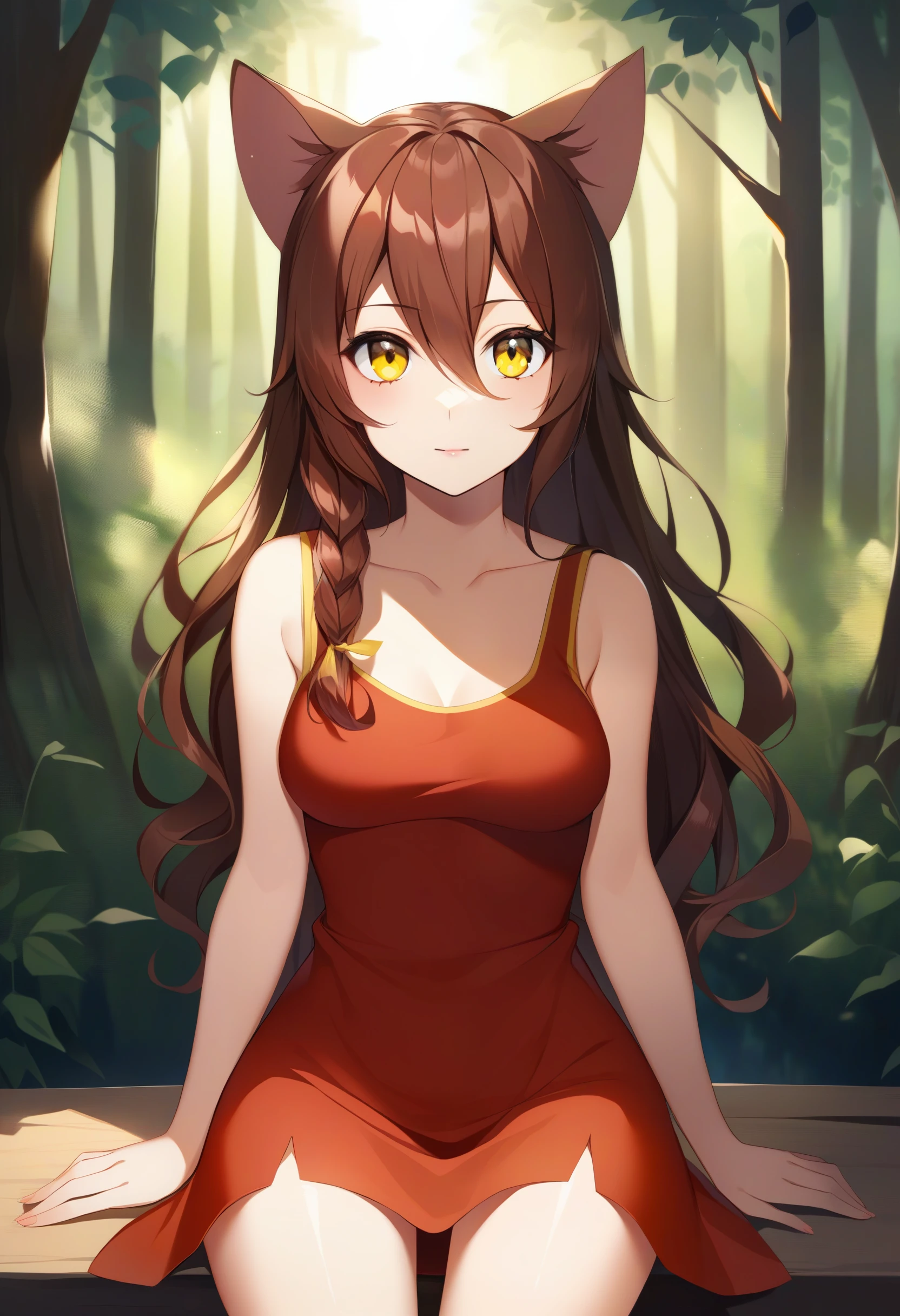 UVAO, 1girl, solo, looking at viewer, brown_hair, cat_ears, hair_between_eyes, bow, single braid, long_hair, yellow_eyes, red dress, forest, medium breasts, sitting <lora:UVAO-XL-animagine:0.8>