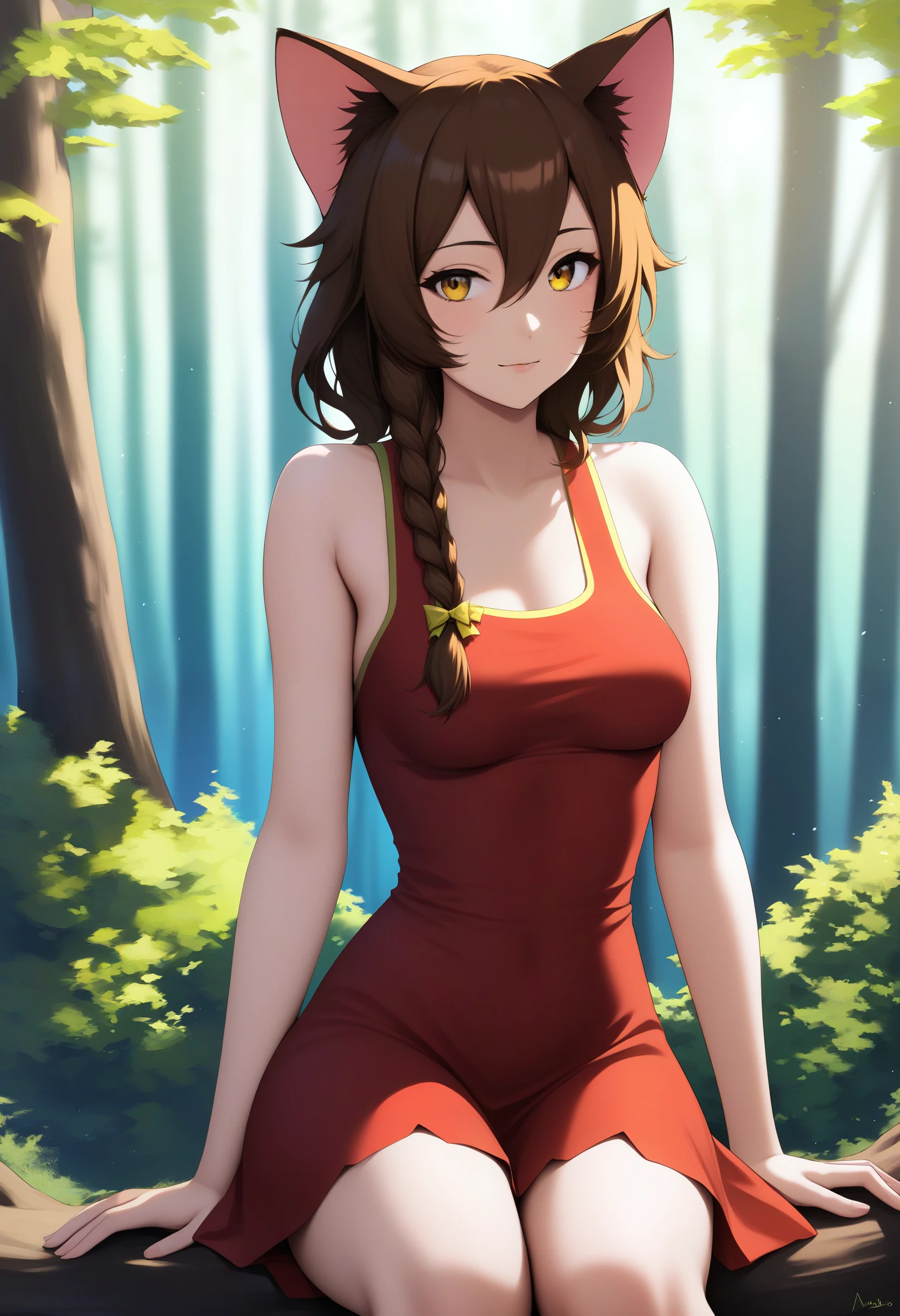 score_9, UVAO, 1girl, solo, looking at viewer, brown_hair, cat_ears, hair_between_eyes, bow, single braid, long_hair, yellow_eyes, red dress, forest, medium breasts, sitting <lora:UVAO-XL-pony:0.8>