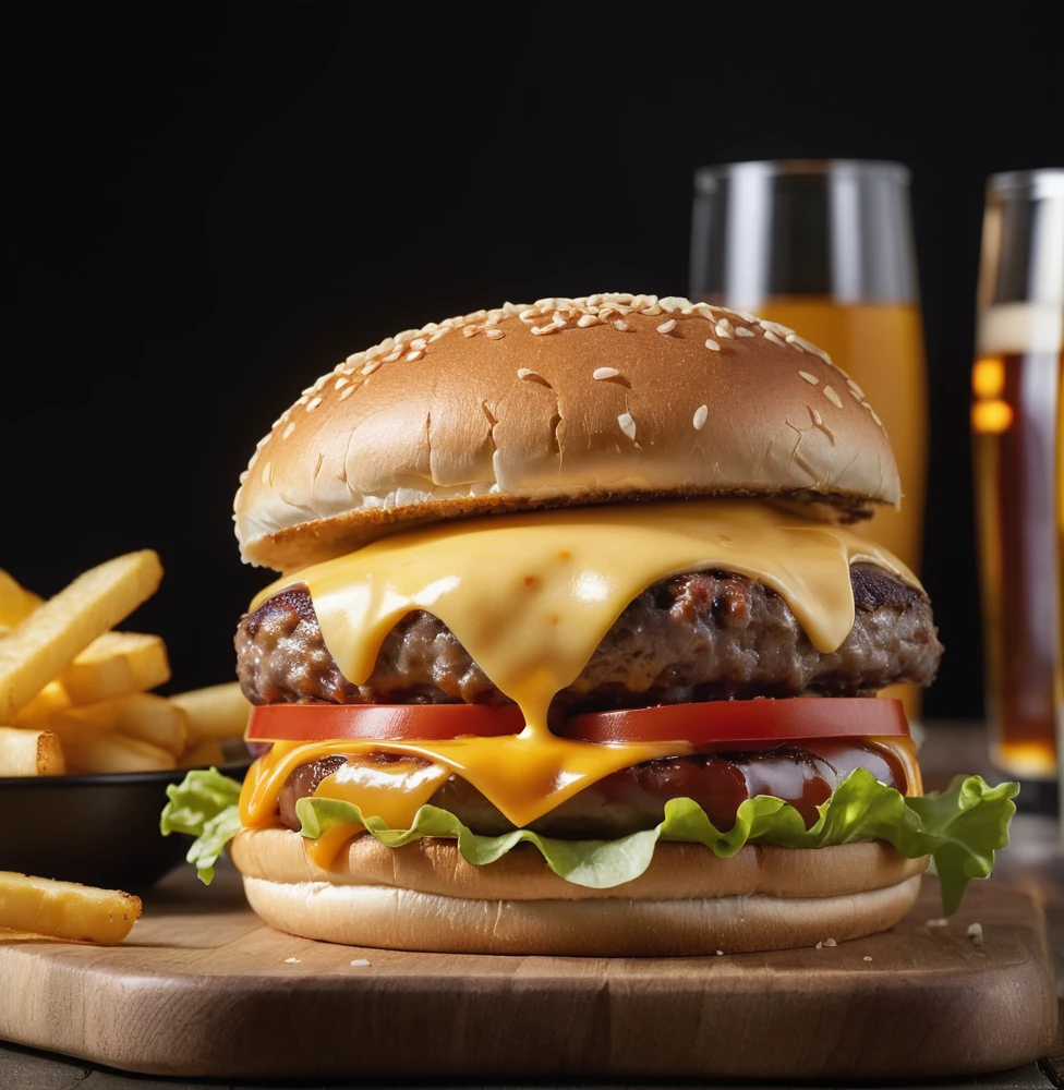 food photography photo of a burger with cheese, maximum detail, foreground focus
