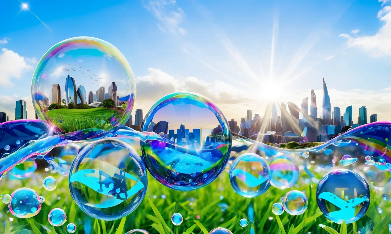 FA style, an iridescent translucent bubbles with futuristic cities inside the bubbles, splashing with with iridescent clear liquid, middle of a grassy field, cloudy blue sky, rainbow energy wave, lens flare