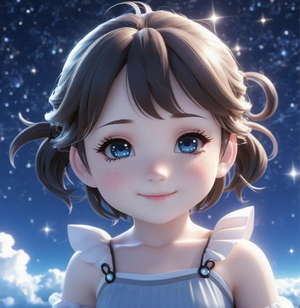 chibi, constellation, (1girl, solo:1.2), (chibi:1.3), eyeliner, eyelashes, looking at viewer, (shiny skin:0.16), (pale skin:0.33), (body blush:0.38), eyes beautiful, anime , realistic, masterpiece, best quality, movie still, cloud girl, floating in the sky, (close-up:1.1), bright, happy, fun, soft lighting
