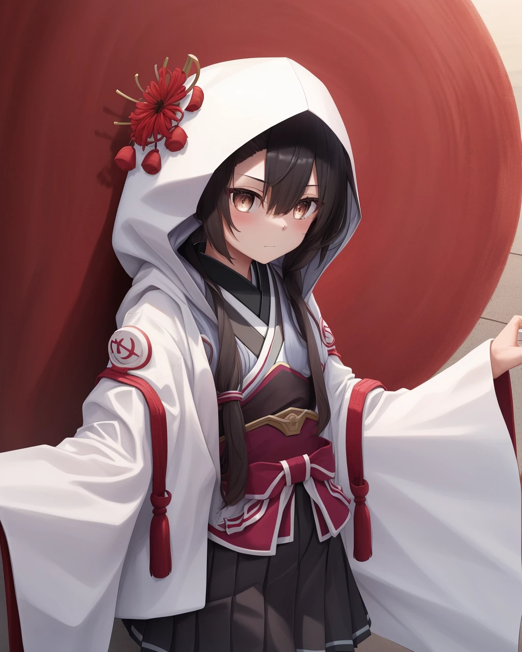 <lora:Koori_Chikage-10:0.8>,1girl, solo,shirt, black hair,dark brown eyes,hair between eyes,flower,White pleated skirt,White japanese clothes, wide sleeves,hood, red flower,