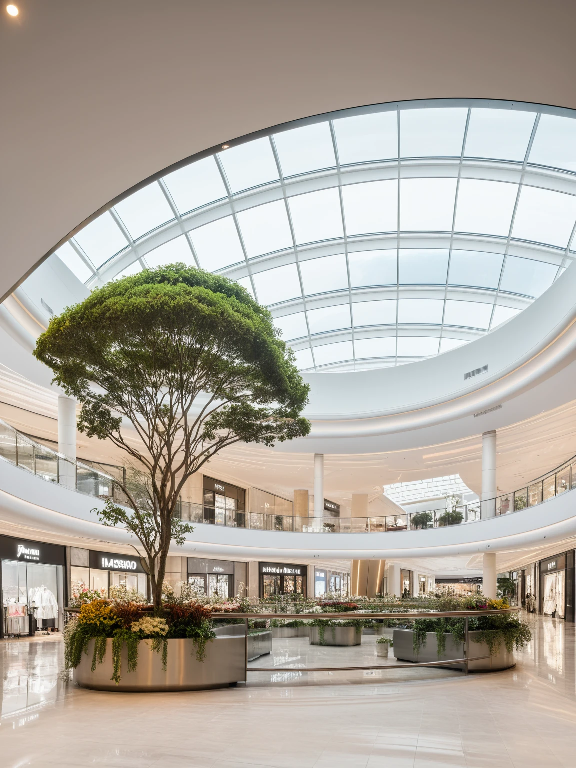 <lora:JJsShoppingMall_XL-000004:1>, ((Shopping mall)),(best quality)), ((masterpiece)), ((Shopping mall)), (realistic), indoors, bench, flower pot,bush, flag, tree pot, scenery, glass handrail, reflection, decorate ceiling, ceiling lighting,stainless, high detailed,sky, cloud, 3 floors,screen, RAW photo, subject, 8k uhd, dslr, soft lighting, high quality, film grain, Fujifilm XT3 , building, shop, no human, dramatic lighting,