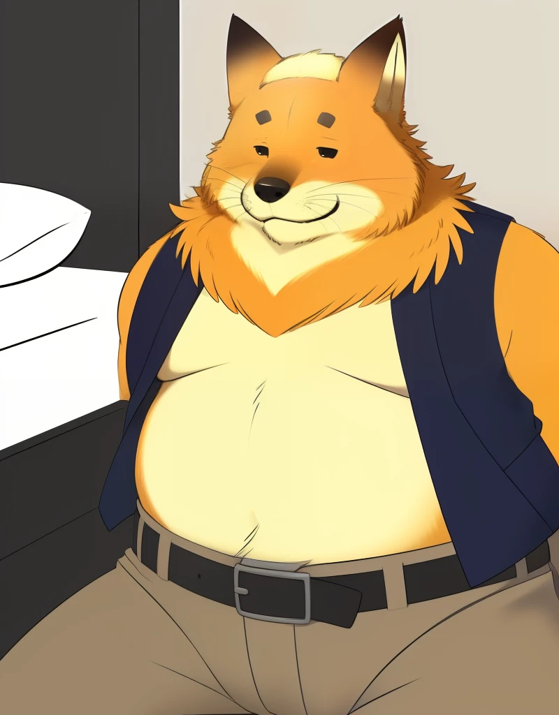 (((detailed eyes, detailed face))), (furry, tetsuya <lora:character_tetsuya_findigo_v2:1>, yellow fur, blonde hair, fox, old man, closed eyes:1.8, ^_^:1.8), male, (solo), (plump, fat, chubby, overweight), (blue jacket, sleeveless, brown pants), sitting, (arms behind back), smile BREAK (konzaburou, ukan_muri, cute), bedroom, (flat shading, flat color, high brightness), 8k, UHD, masterpiece, (full body)