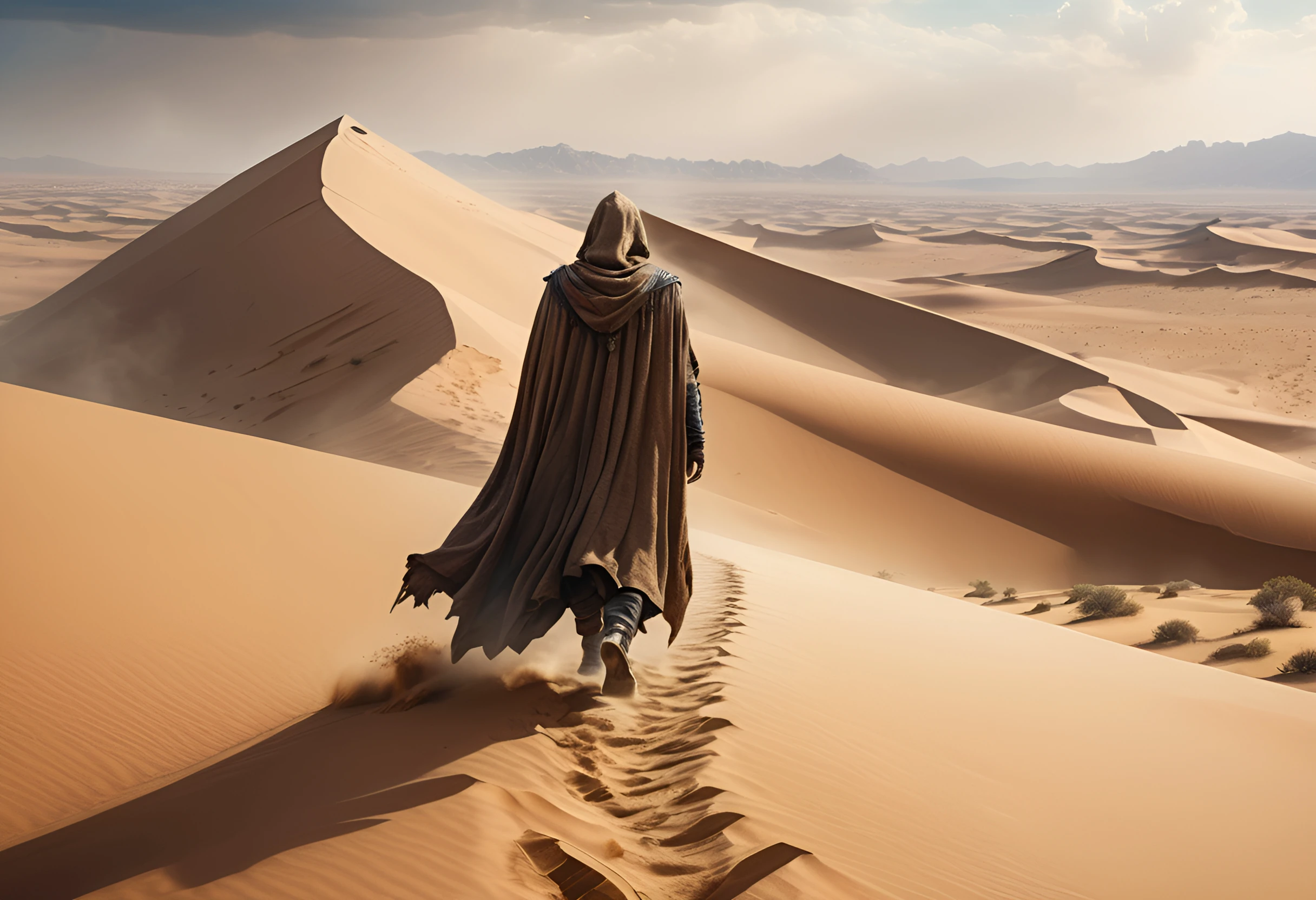 an ancient cloaked traveller, traversing a sandstormed desert, mythical, 4k, sharp focus and detail, hyper detailed realistic, facing away from viewer