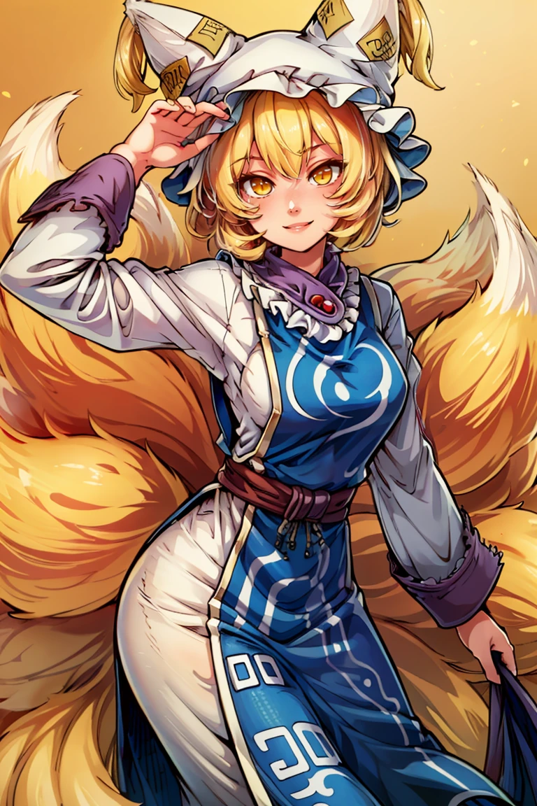 ((masterpiece,best quality)), absurdres, <lora:Yakumo_Ran_Touhou:0.8>, Yakumo_Ran_Touhou, 1girl, solo, blonde, blonde hair, short hair, yellow eyes, fox, fox tail,  hat, tabard, long dress,  solo, smiling, looking at viewer, cowboy shot,