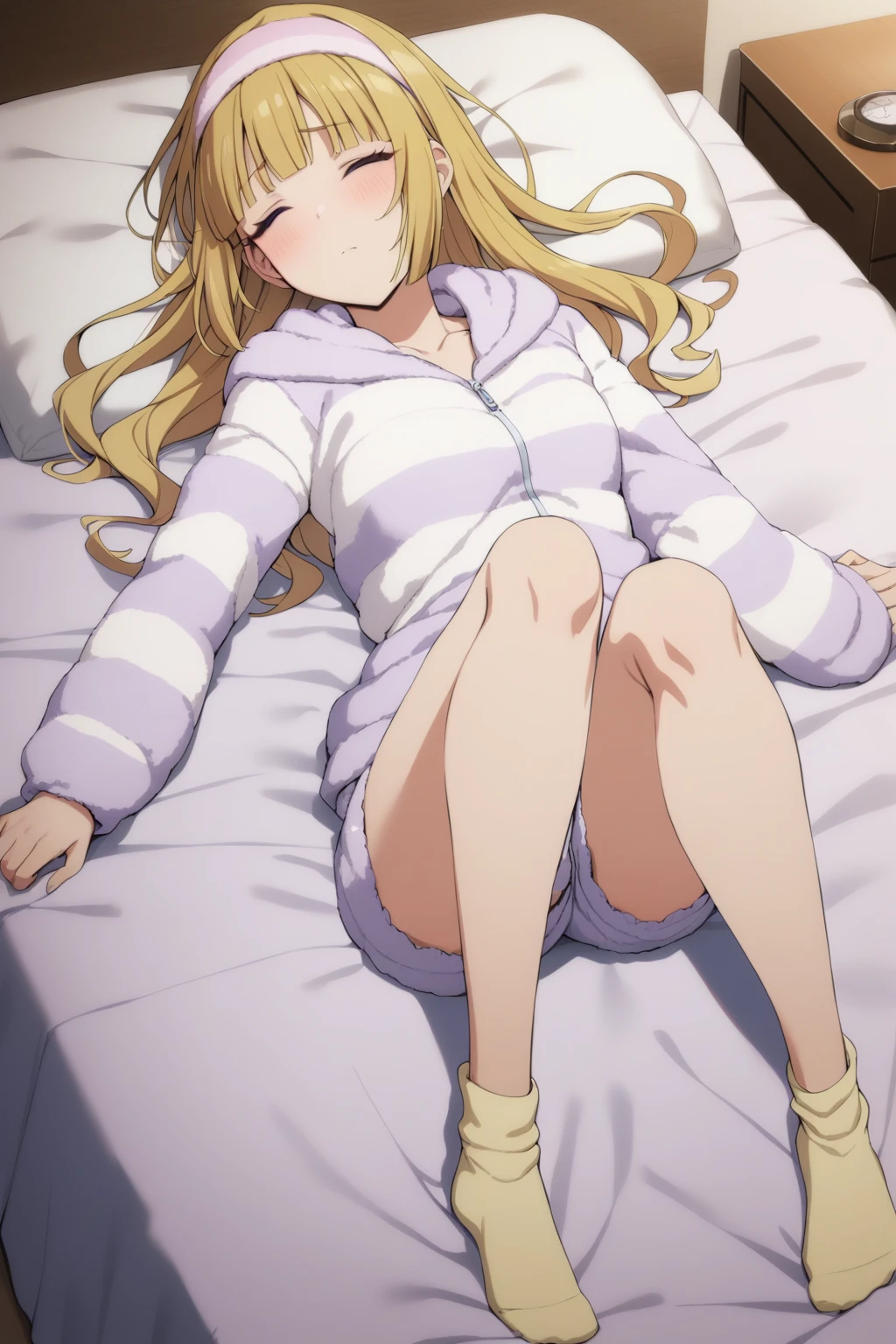<lora:KaruizawaJitsukyo_AnimagineXLV3-000030:0.8> karuizawa, 1girl, blonde hair, blunt bangs, purple eyes, blunt bangs, purple eyes,
hairband, striped hoodie,loungewear, shorts, socks, on bed, on back, sleepy, closed eyes,
[anime screencap::0.3], masterpiece,best quality,