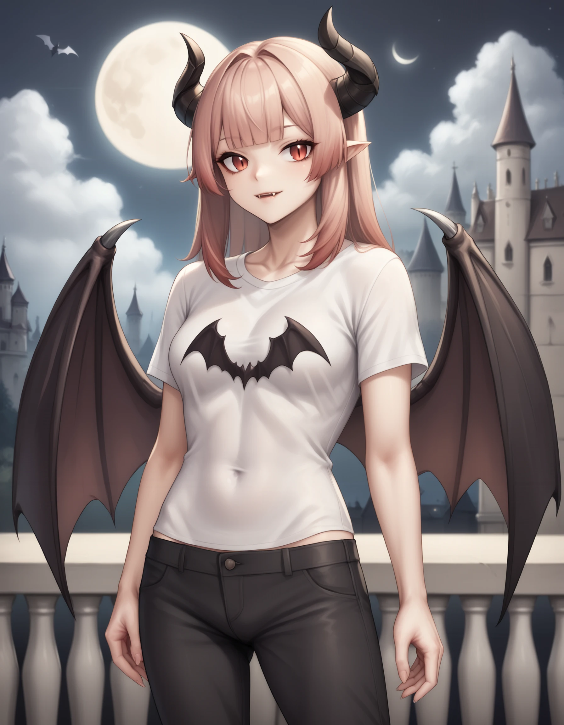 score_9, score_8_up, score_7_up, rating_safe, source_anime, solo, cowboy shot BREAK
ciara faux, horns, wings, black t-shirt, black pants, stadning, vampire, fangs,
night, bats, full moon, castle <lora:ciara-ponyxl-1-000006:0.8>