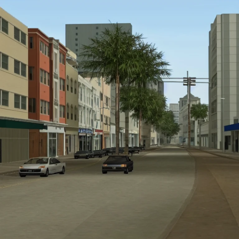 <lora:ViceCity-1avi:0.5>, vicecitylplw, lowpoly, tall apartment buildings and a few cars