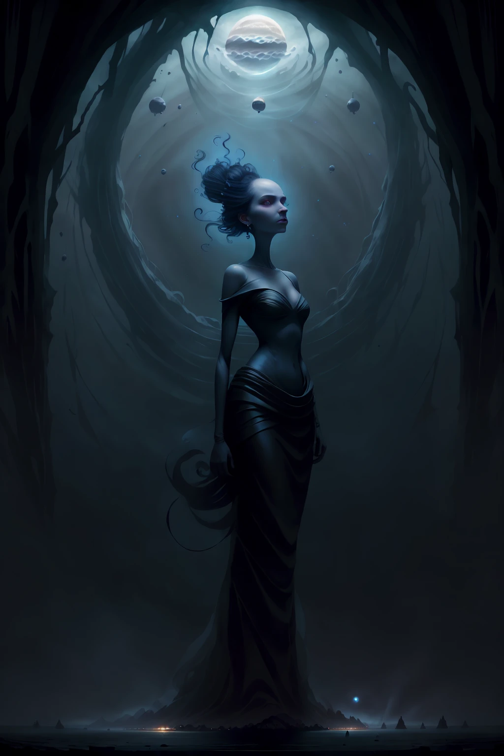 In the realm of Alex Andreev's style, a stunning woman with an alluring gaze (donning regal attire:0.6) stands in an ethereal setting, her silhouette gracefully swept by a (mystical force:0.9), which connects to the event horizon of a distant black hole, creating an otherworldly scene of beauty and power intertwined with cosmic wonder monsters00d <lora:monsters00d:0.9>
