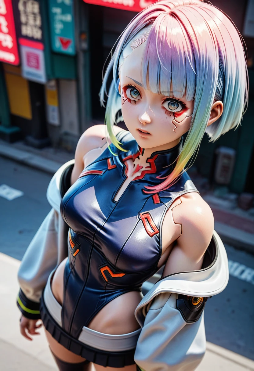 high-tech female cybernetic sex doll, (best quality:1.2, masterpiece:1.2), ultra high res, intricate detail, exquisite details and textures, (1girl:1.2), atmospheric perspective, establishing-shot, detailed face, makeup, dirty skin, dirty chassis, (light blue hair), very long hair, messy hair, downcast eyes, depressed, amazing red eyes, sad eyes, weary and sad expression, eyes pleading to viewer for help, looking down, looking ashamed, looking hopelessness, sitting against a dirty wall in an alley, earrings, small breasts, slim body, (white cyborg:1.4), cybernetic led lights, blue lights, doll ball joints, part human, some human skin over circuits, (cybernetic sex doll:1.4) (futuristic dystopian city, gloomy and polluted background), late-stage capitalism, dim lighting, ((front lighting)), high resolution, (aburdres:1.4), aburd res, high quality, best quality,, 8k, 4k, intricately detailed, (amazing details:1.2), highly detailed skin, (detailed eyes:1.2), striking eyes, (detailed background), (dynamic angle:1.2), (dynamic pose:1.2), (Line of action:1.2),
