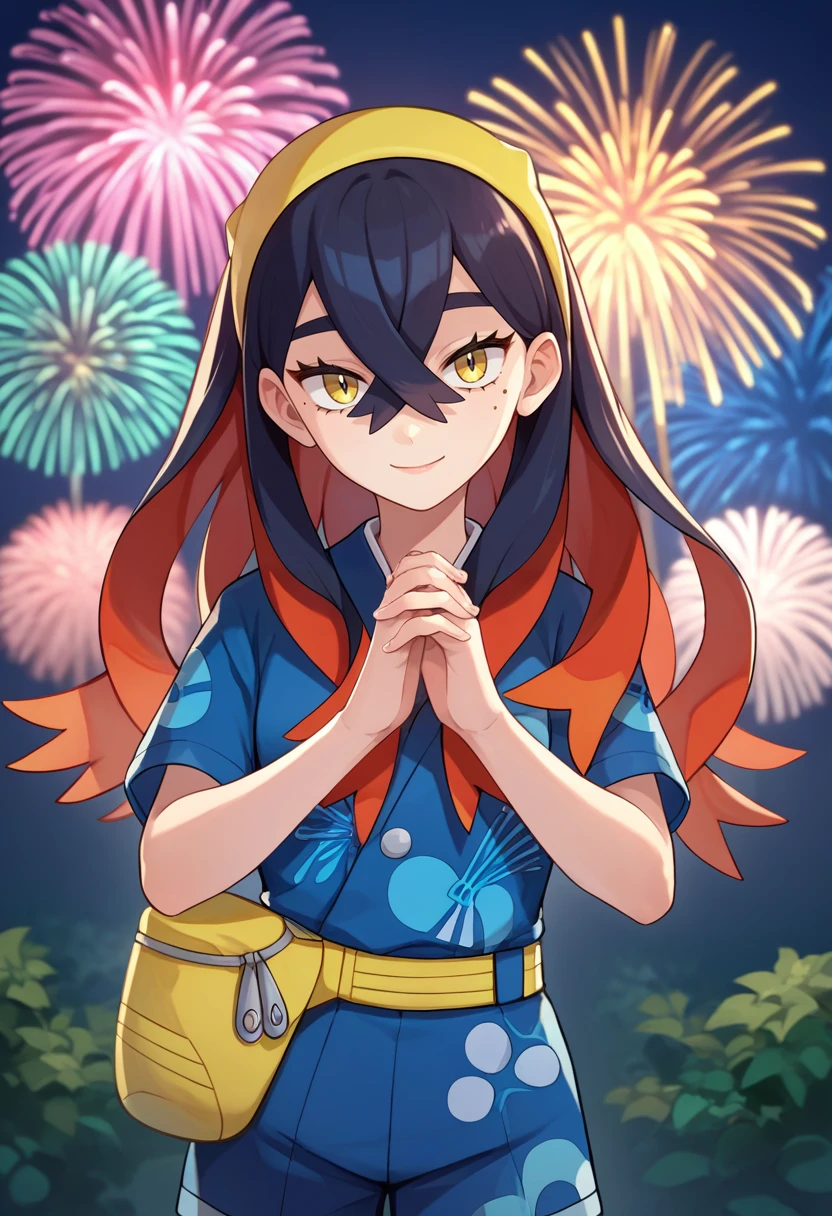 score_9, score_8_up, score_7_up, source_anime, solo, 1girl, pokemoncarmine, slight smile, looking at viewer, own hands together, mole under eye, hairband, blue shirt, kimono, short sleeves, blue shorts, pouch, fireworks <lora:pokemon_carmine_ponyXL:1>