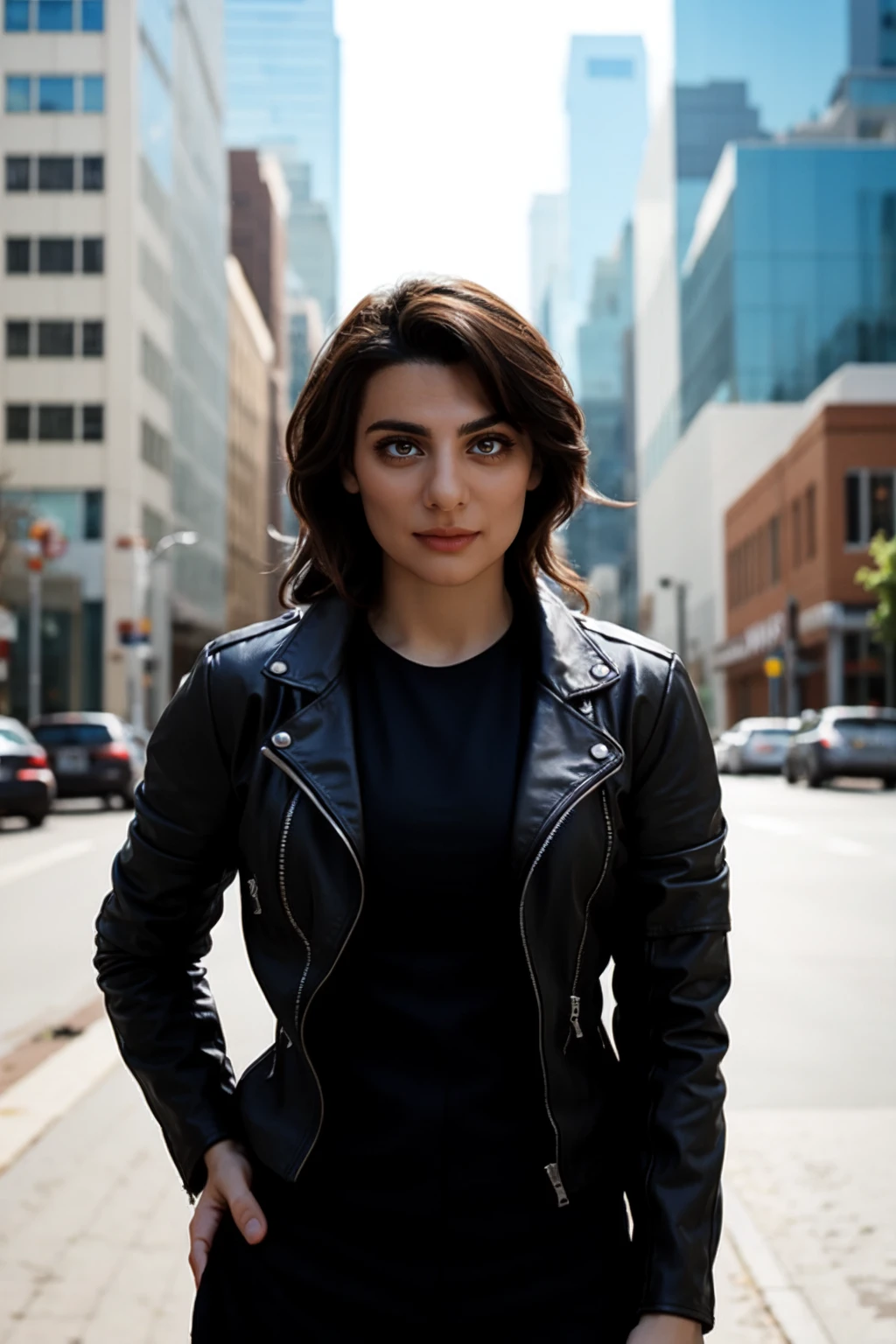 <lora:mondongo_LoRA_ClaudiaDoumit_v2:1> mndngwmn, wearing a leather jacket, on a city downtown, (ultra realistic, 8k,high quality), above the waist photo