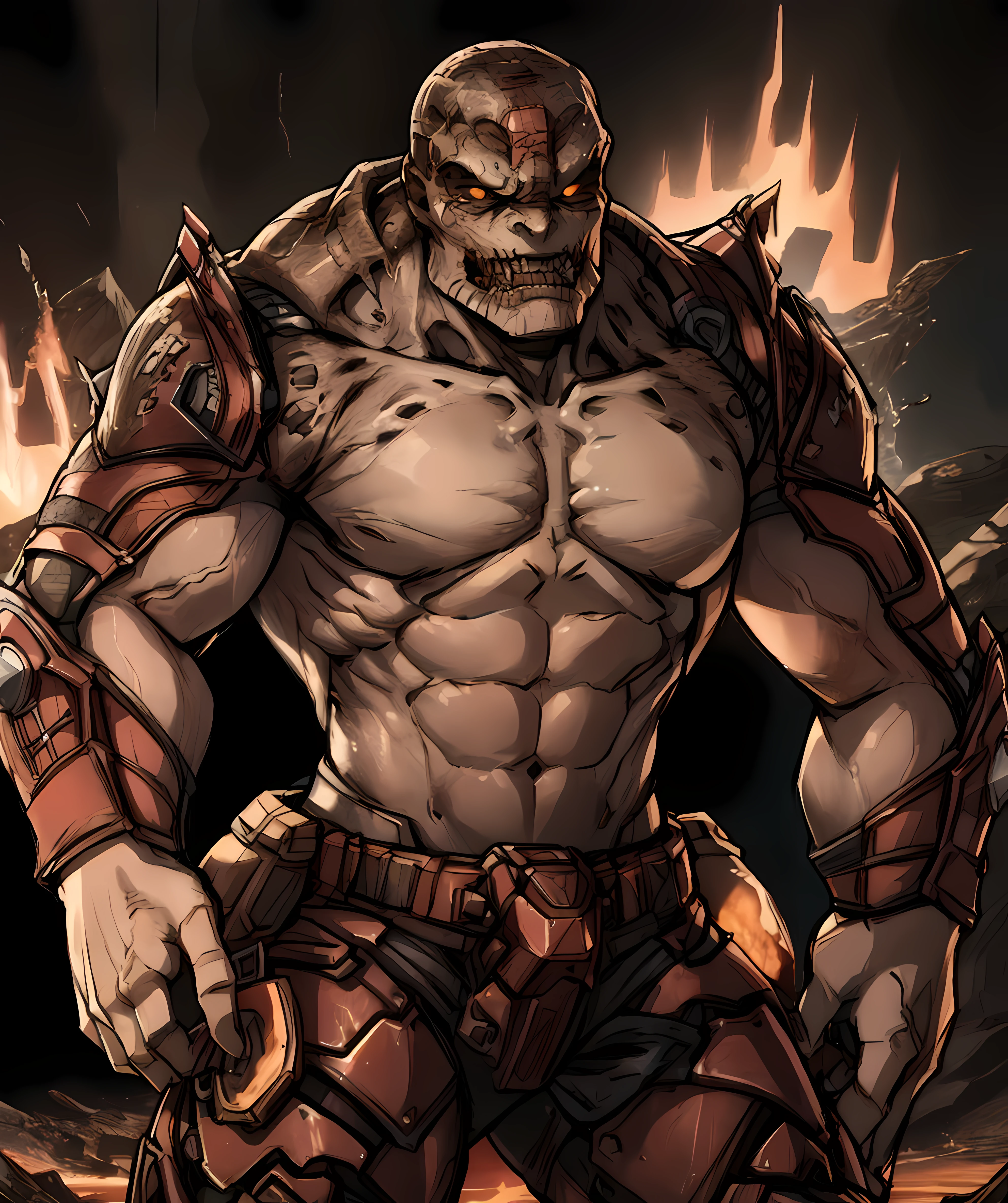 locust_grenadier, ready to battle, fire, lava, hell, thunder, lighting, muscular, looking to viewer <lora:Locust_Grenadier:0.85>