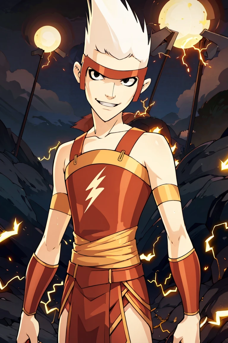 ((masterpiece,best quality)), absurdres, <lora:Lightning:0.8>, Lightning, 1boy, solo, male focus, pale skin, black eyes, spiked hair, white hair, armor, electricity, belt, solo, smiling, looking at viewer, cowboy shot,