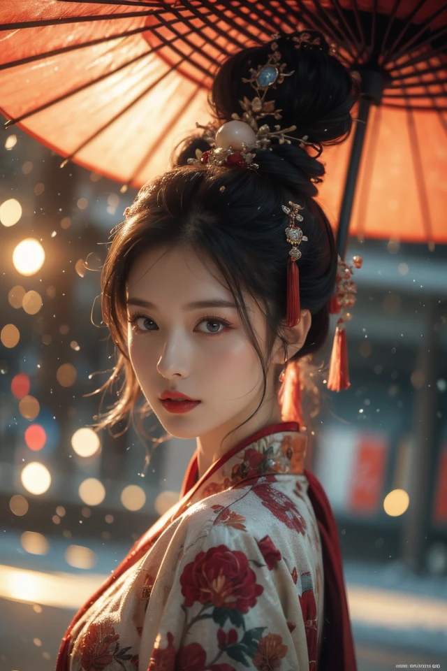 Warm Snow,1girl,solo,umbrella,oil-paper umbrella,blurry,looking at viewer,hair ornament,red lips,upper body,black hair,chinese clothes,depth of field,lips,blurry background,realistic,bokeh,makeup,lipstick,
best quality,masterpiece,illustration,an extremely delicate and beautiful,CG,unity,8k wallpaper,Amazing,finely detail,masterpiece,official art,extremely detailed CG unity 8k wallpaper,incredibly absurdres,huge filesze,ultra-detailed,highres,extremely detailed,beautiful detailed girl,realistic,<lora:Warm Snow:0.8>,