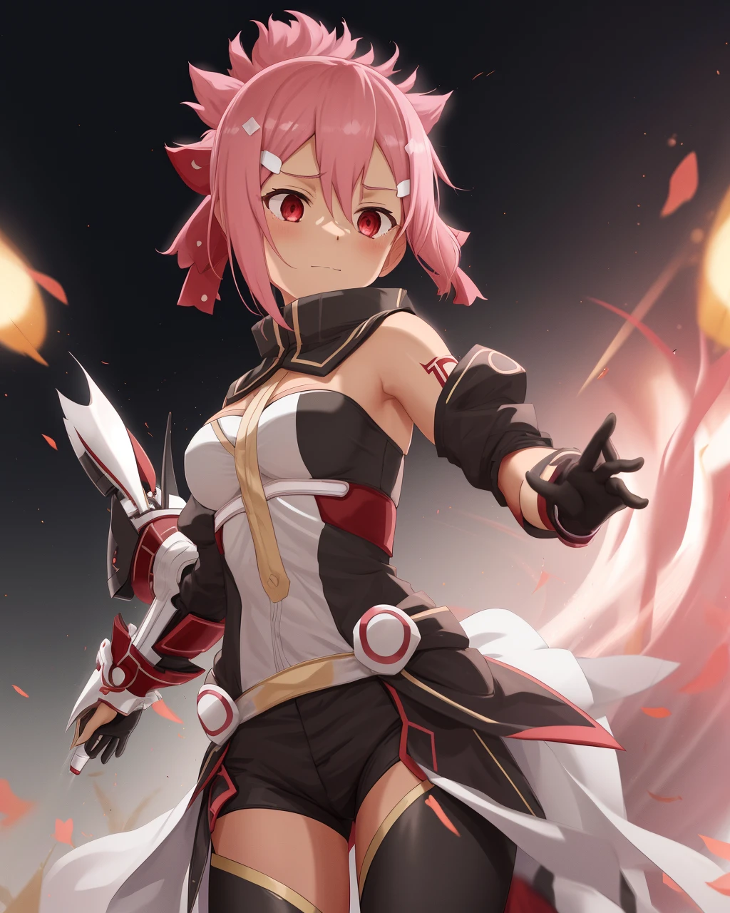 <lora:Akamine_Yuuna-10:0.8>,1girl, solo, pink hair,short hair, red eyes,short ponytail, hair ornament,hair between eyes,black skin,armor, black shorts, Magic Girl,