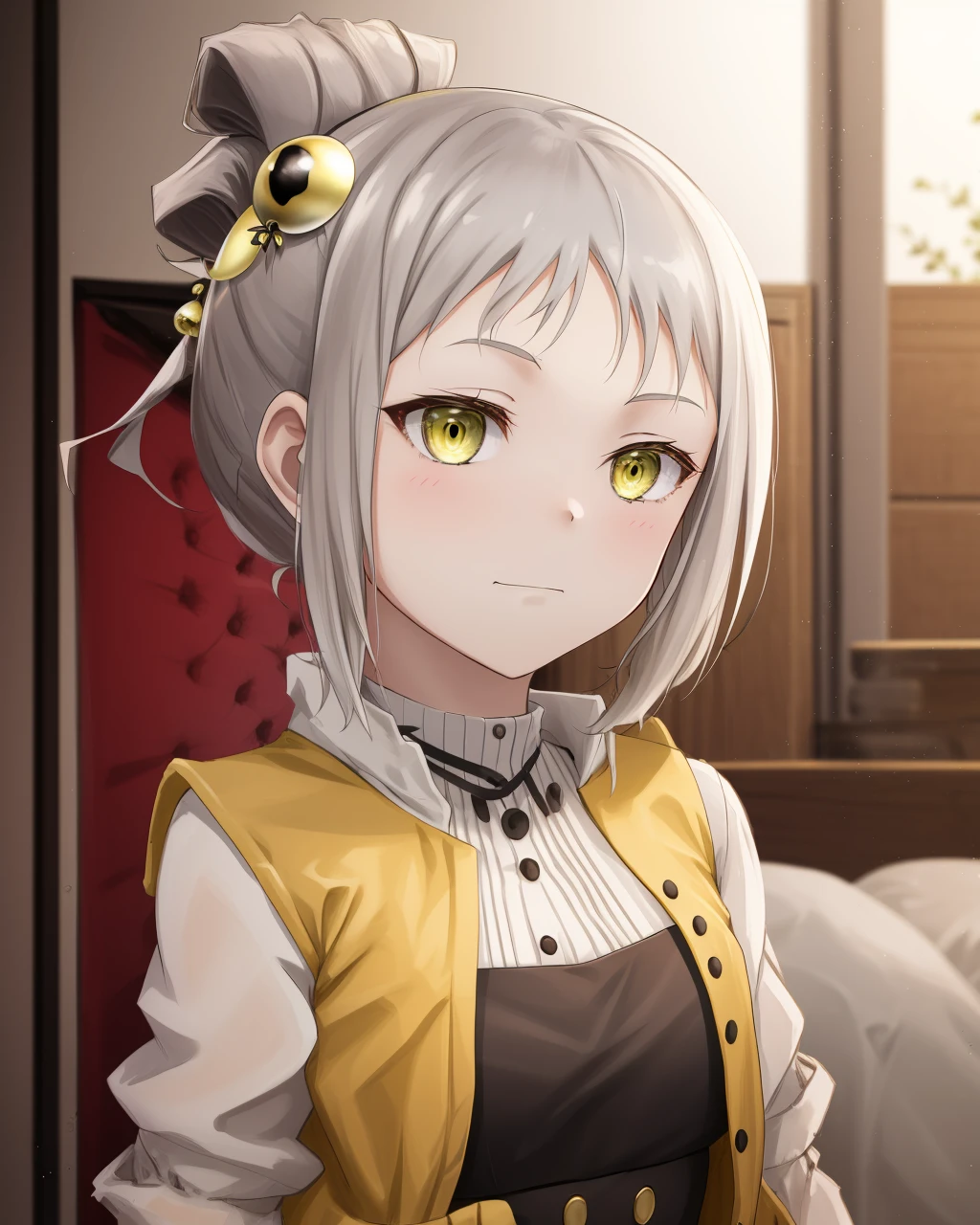 <lora:Kiryuu_Shizuka-10:0.8>,1girl, solo,single hair bun, yellow eyes,grey hair, hair ornament, yellow jacket, black dress,