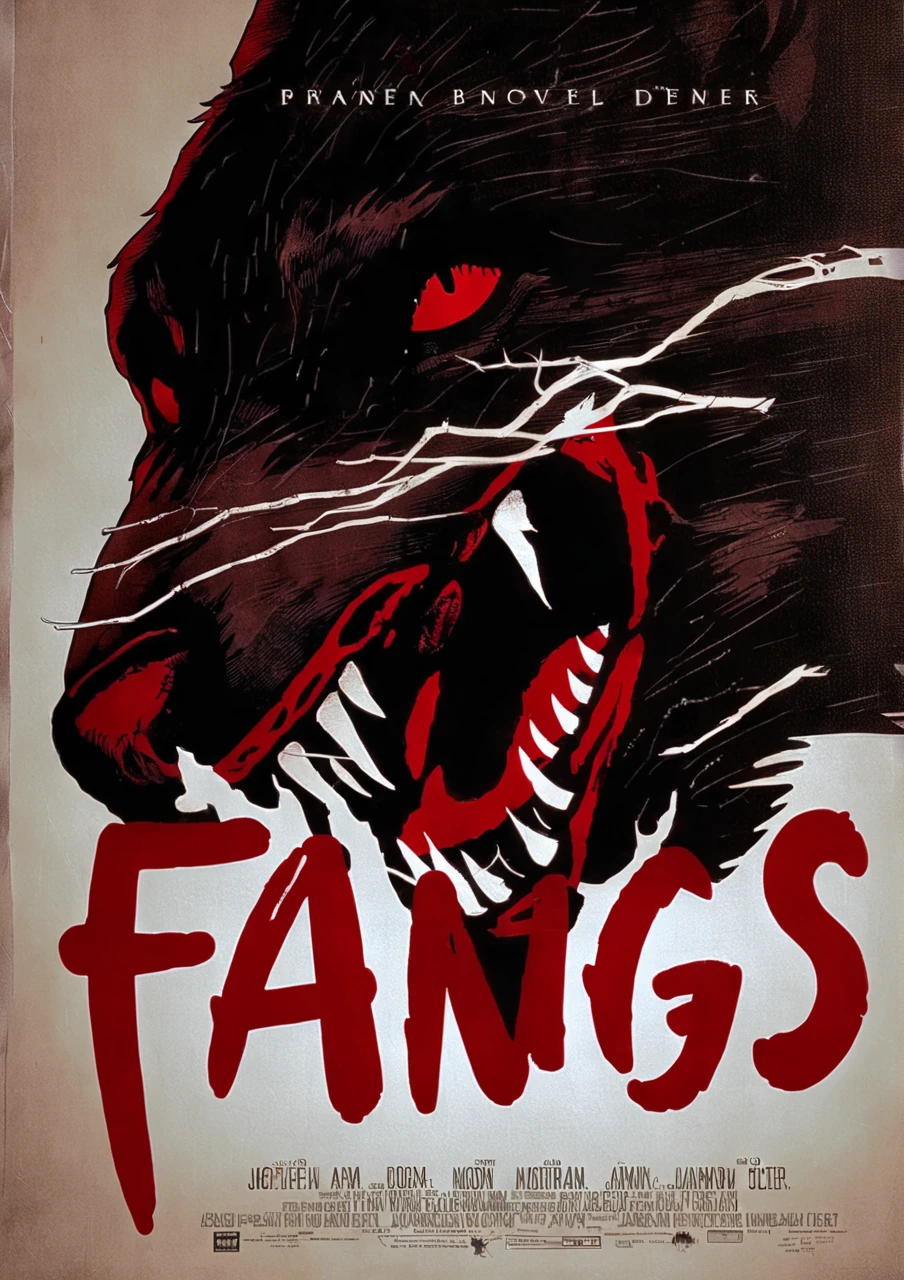 cinexart (title "fangs") closeup of attacking wolf, movie poster<lora:cinexart:1>