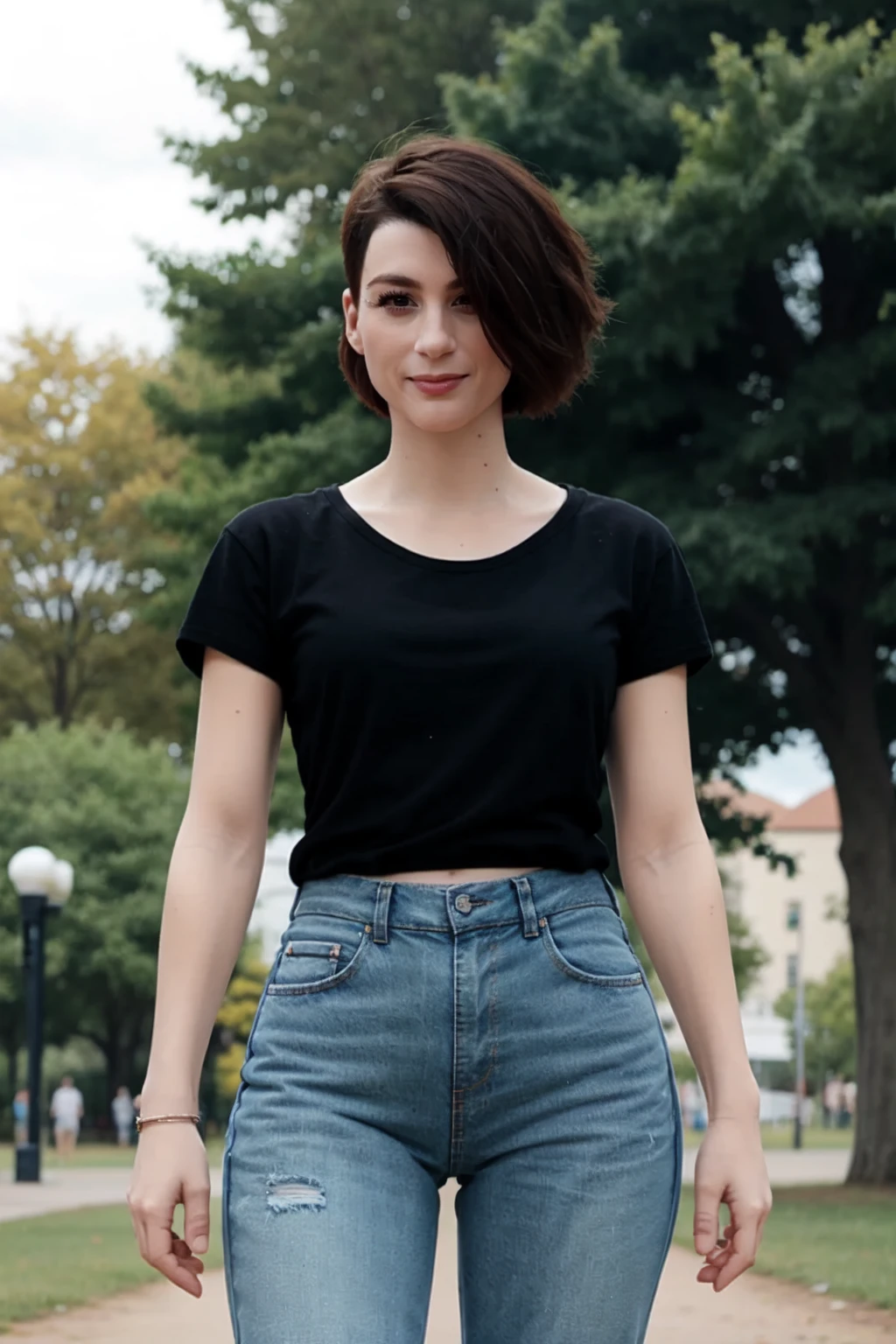 <lora:mondongo_LoRA_AyaCash_v2:1> mndngwmn, short hair, asymmetrical cut haircut, wearing a plain t-shirt and jeans, on the park, (ultra realistic, 8k,high quality)