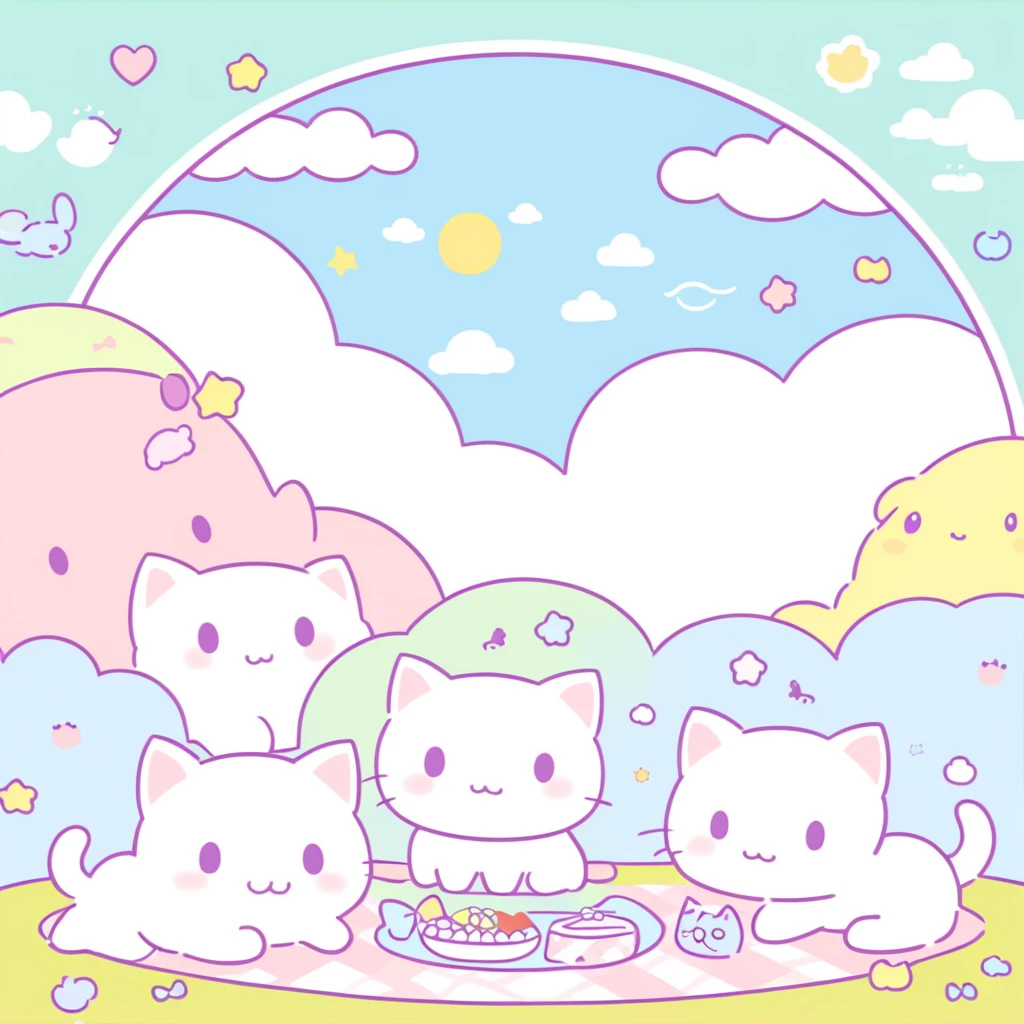 Craft a charming cartoon illustration of kittens and puppies picnicking on a cloud, reminiscent of the uploaded image's style. The artwork should be characterized by minimalistic and rounded line art, pastel colors, and a playful, innocent mood. The animals should have exaggerated, endearing features, and the picnic items should be stylized yet recognizable. The cloud should appear as a fluffy base, adding to the fantasy-like and joyful scene set against a serene sky, <lora:sanrio:0.7>