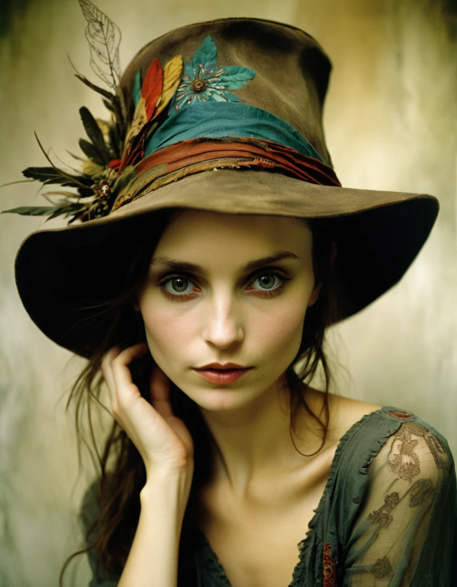 an expert photograph by dave mckean of a bohemian woman looking like jaynexl4 posing wearing a hat
