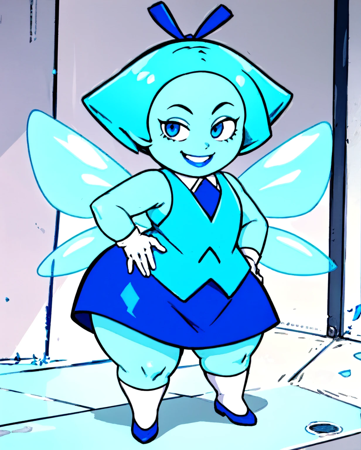 aquam, blue hair, 1girl, solo, hair bow, blue skin, white gloves, blue skirt, cirno, blue eyes, smile, wings, looking at viewer, short hair, blue footwear,hand on hip, <lora:aquamarine1.0:1.0> <lora:CyanCapsule-LoCon-V2:0.75> <lora:Concept_WideHips:1> widehipsdef, thick thighs, wide hips, curvy,