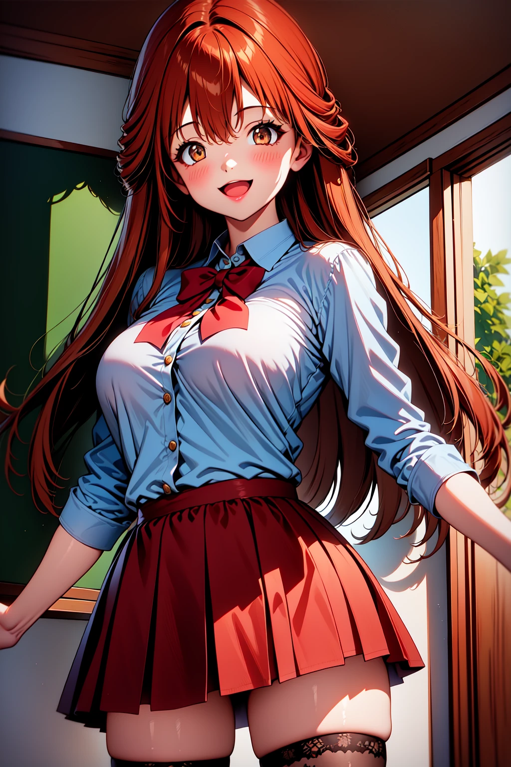 1girl, cowboy shot, smile, open mouth, classroom,
kawai_iyona, brown eyes, brown hair, red hair, long hair, skirt, thighhighs, bowtie, <lora:kawai_iyona_lora_ver2:0.7>, best quality, masterpiece, highres, <lora:GoodHands-vanilla:1>