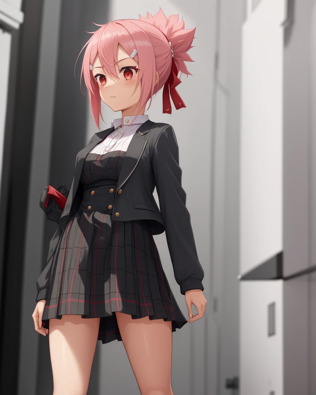 <lora:Akamine_Yuuna-10:0.8>,,1girl, solo, pink hair,hair between eyes, short hair, short ponytail, hair ornament, red eyes,black socks, hairclip, hair ribbon, black dress, jacket, skirt,school uniform,
