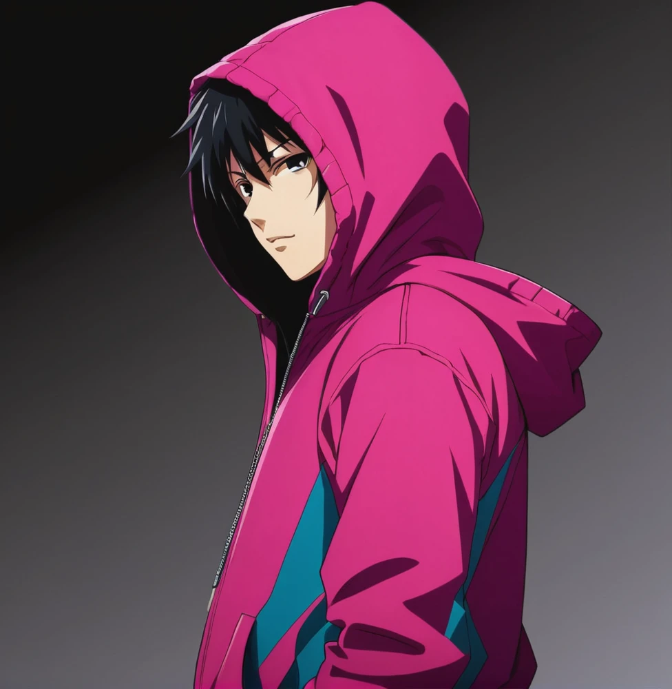 anime, black-haired anime boy wearing a magenta hooded jacket, revealing only the right side of his face while the left side of his body is covered by a shadow
