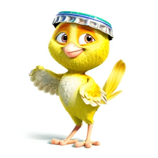<lora:BirdMovie:0.7> Nico, male, yellow canary, best quality, masterpiece, smile, full body, standing, detailed, fluff, feathers, bottle cap on head