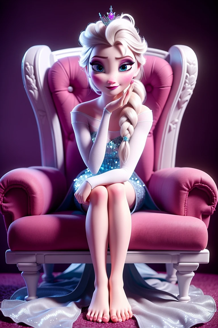 <lora:Elsa_Anna_Dalle3_V1:1>,1GIRLS, elsa sitting on throne her bare feet towards to viewer,makeup,detail face,blush,purple eyeshadow, hand behind back,rose on hair,simple background, white dress,