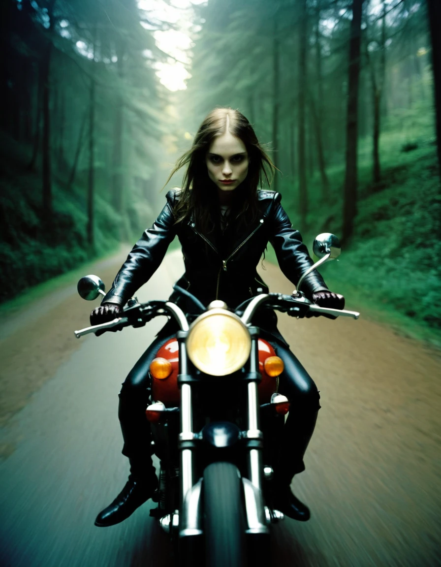 an underexposed film still by dave mckean of a young lady looking like jaynexl4 riding a motorbike, boheamian atmostphere