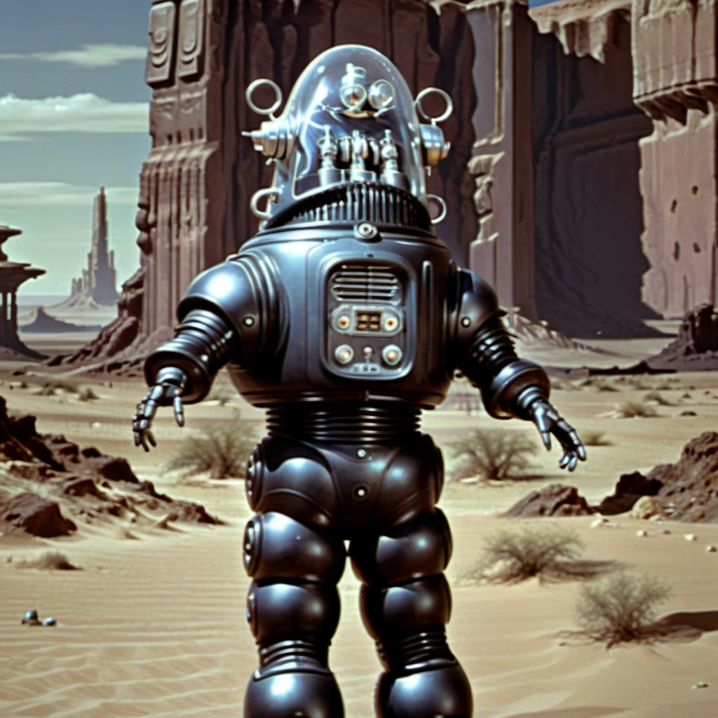 Robbie_FP50, 16k, movie still, ((cinematic)), full body standing robot, science fiction, realistic, (intricate details:1.1), retro artstyle, futuristic sci-fi desert background, helmet, (extremely detailed:1.3), Forbidden Planet, metal spheres legs, <lora:Robbie_FP50_XL:1> Robbie_FP50