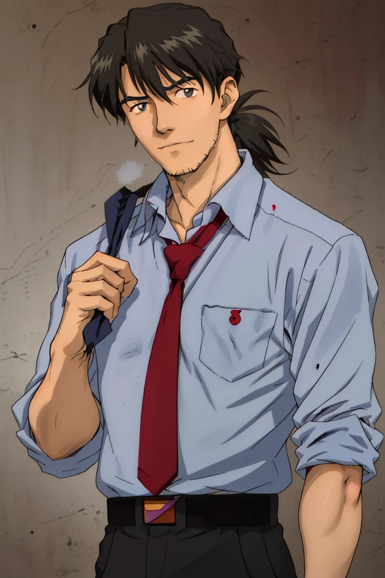 (1 image only),  solo male,  Ryoji Kaji,  Neon Genesis Evangelion,  Asian,  Japanese,  dark brown hair,  bangs,  short ponytail,  dark brown eyes,  (thin stubble),  blue collared shirt,  red sleeves rolled up,  necktie,  black pants,  mature,  handsome,  charming,  alluring,  standing,  upper body,  perfect anatomy,  perfect proportions,  2D,  anime,  (best quality,  masterpiece),  (perfect eyes,  perfect eye pupil),  perfect hands,  high_resolution,  dutch angle,<lora:EMS-296078-EMS:0.800000>