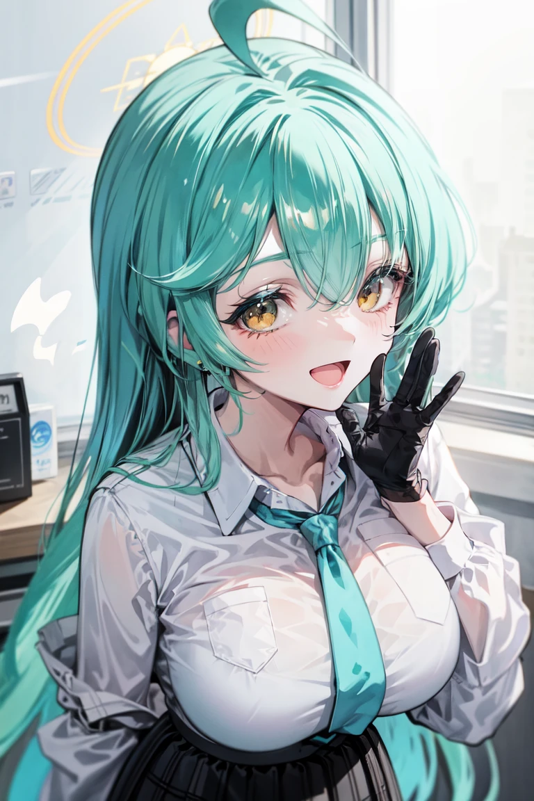 (masterpiece: 1.2), (best quality: 1.3), (clear details: 1.3), ((((ultra-detailed)))), ((detailed eyes)), (extremely detailed face:1.4), (highly detailed eyelash:1.6), highly detailed eyes, sharp details, high contrast, (shiny skin), elegant, elegant face, <lora:æ¦å¿µ-more_details:0.25>,
<lora:yume-000016:0.8>, yume, 1girl, solo, halo, necktie, gloves, skirt, shirt, long hair, ahoge, black gloves, breasts, yellow eyes, white shirt, collared shirt, large breasts, blue necktie, looking at viewer, black skirt, smile, plaid, bangs, long sleeves, blush, open mouth, plaid skirt, aqua hair, notice lines, very long hair, pleated skirt, aqua necktie, :d, id card, hair between eyes, school uniform,
indoors,