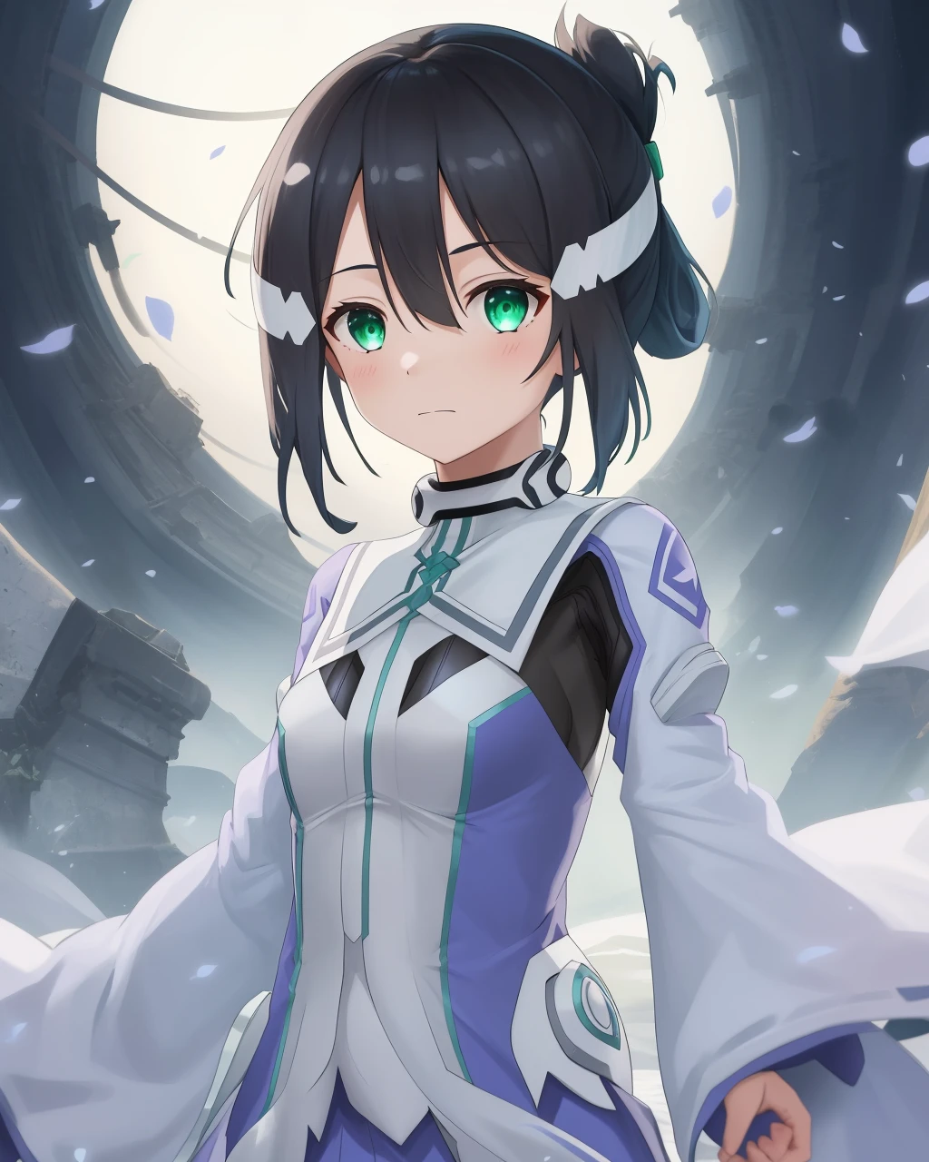 <lora:Washio_Sumi-10:0.8>,1girl,solo,black hair,green eyes,short hair, folded ponytail,between eyes, (side hair ornament),bodysuit,wide sleeves, magical girl,wide sleeves, blue dress,green stripes,