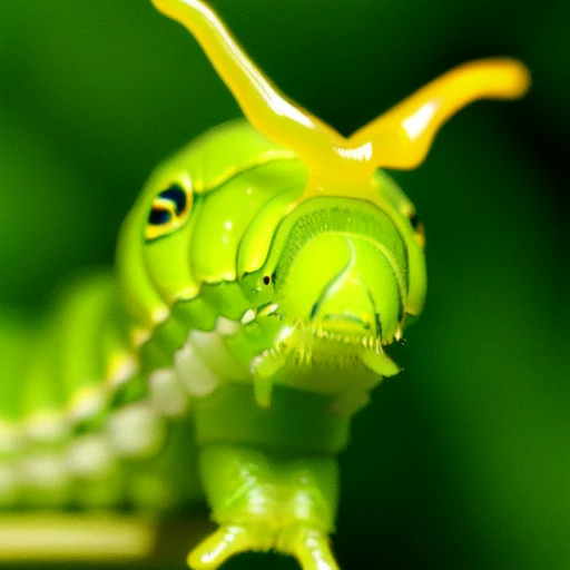 <lora:Osmeterium_v1:0.7>,solo, simple background, blurry, no humans, depth of field, blurry background, animal, from above, traditional media, background, green background, realistic, yellow antennae, chromatic aberration, green skin, animal focus, green theme, Osmeterium, caterpillar