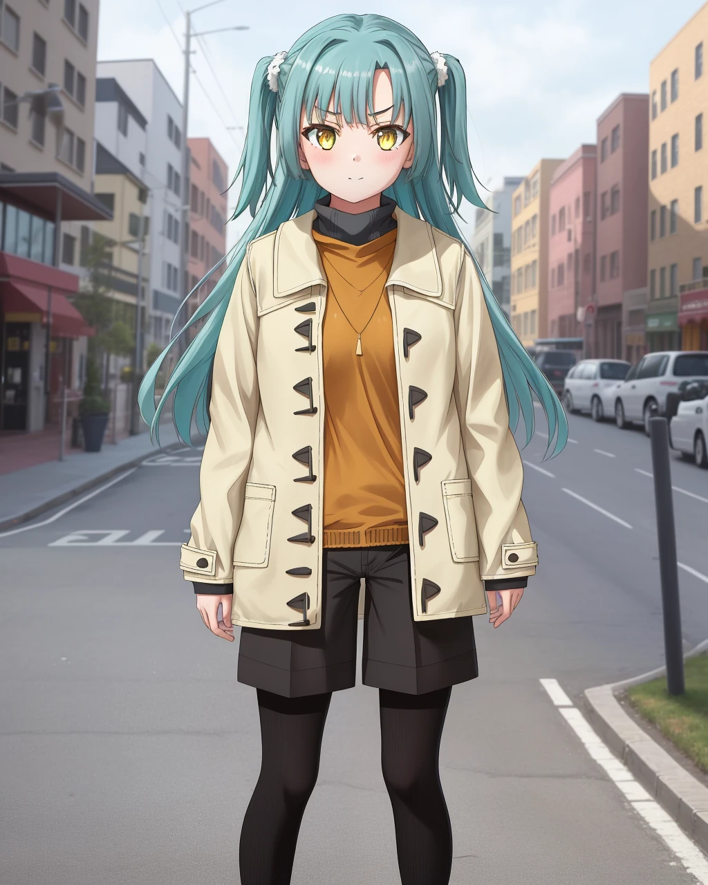 <lora:Yokote_Suzu-10:0.6>,1girl, solo, long hair,shirt, long sleeves,aqua hair, yellow eyes, pantyhose, open clothes, shorts, socks,sweater, coat,turtleneck, one side up, black shorts,jacket,