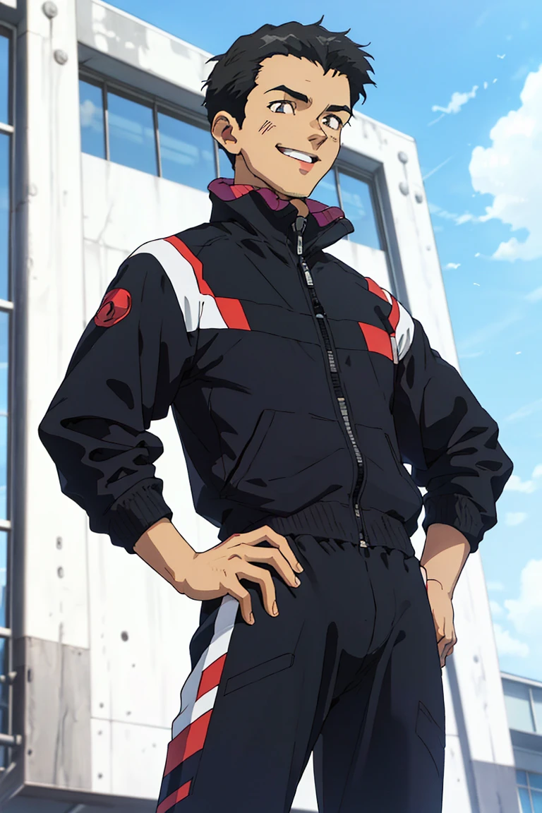 (1 image only),  solo male,  Toji Suzuhara,  Neon Genesis Evangelion,  Asian,  Japanese,  teenage,  black hair,  short hair,  dark eyes,  black track suit,  black track jacket,  black pants,  white sneakers,  handsome,  charming,  alluring,  smile,  standing,  (hand on hip),  upper body,  perfect anatomy,  perfect proportions,  (best quality,  masterpiece),  (perfect eyes,  perfect eye pupil:1.2),  perfect hands,  high_resolution,  dutch angle,  school background,<lora:EMS-296357-EMS:0.700000>