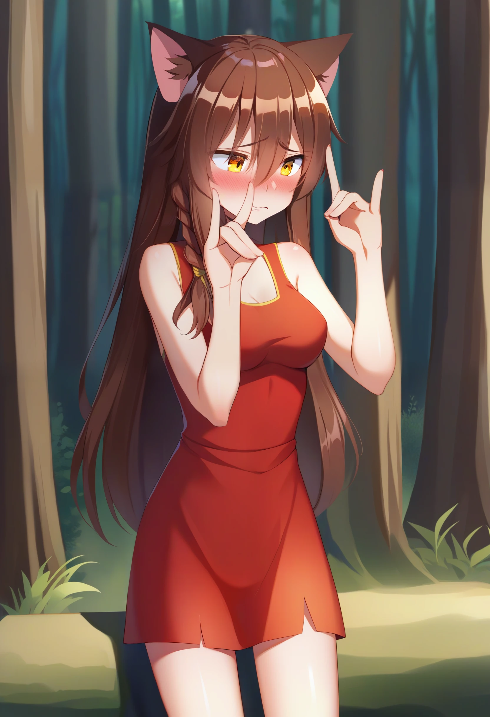UVAO, 1girl, solo, brown_hair, cat_ears, hair_between_eyes, bow, single braid, long_hair, yellow_eyes, red dress, forest, medium breasts, averting_eyes, fox_shadow_puppet, embarrassed <lora:UVAO-XL-animagine:0.8>