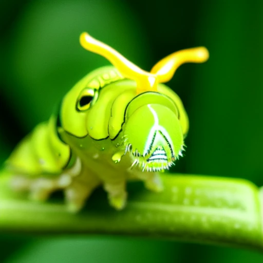 <lora:Osmeterium_v1:0.7>,solo, simple background, blurry, no humans, depth of field, blurry background, animal, from above, traditional media, background, green background, realistic, yellow antennae, chromatic aberration, green skin, animal focus, green theme, Osmeterium, caterpillar