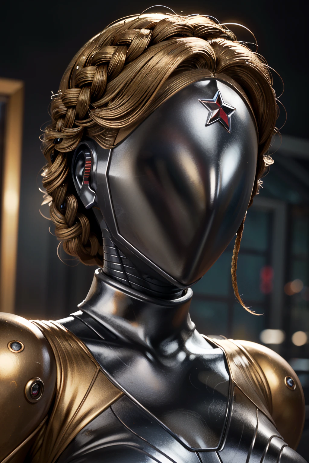 ((ultra detailed, masterpiece, absurdres))
<lora:AHTwins:0.9>
AHTwins, 1girl, robot, no face, blonde hair, braid, star (symbol), portrait, looking at viewer