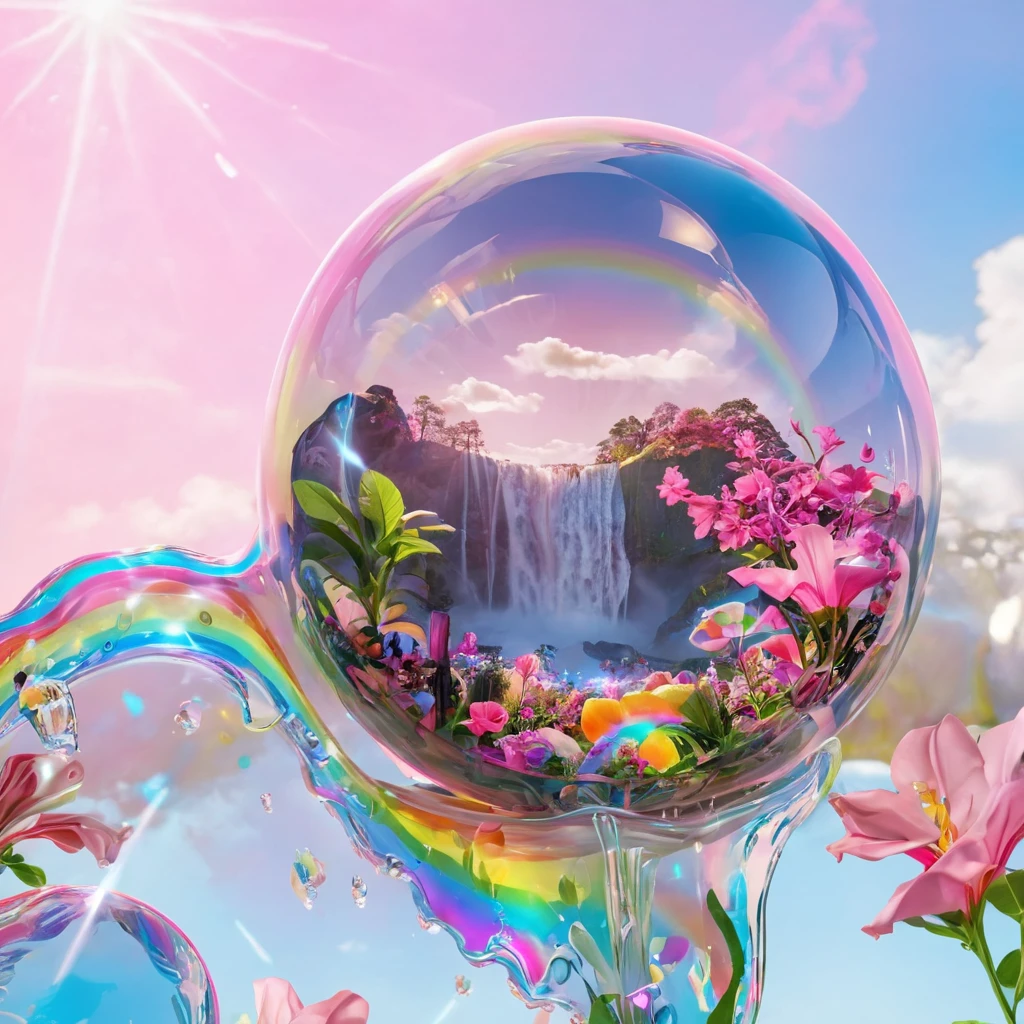 FA style, pink handgun inside inside a translucent iridescent bubble, chromatic spectrum energy wave, waterfall, flowers, fruit, cloudy blue sky, lens flare, magical dreamy ambience, uhd 8k wallpaper, FA style, translucent iridescent bubble with a pink handgun inside, chromatic spectrum energy wave, waterfall, flowers, fruit, cloudy blue sky, lens flare, magical dreamy ambience, uhd 8k wallpaper