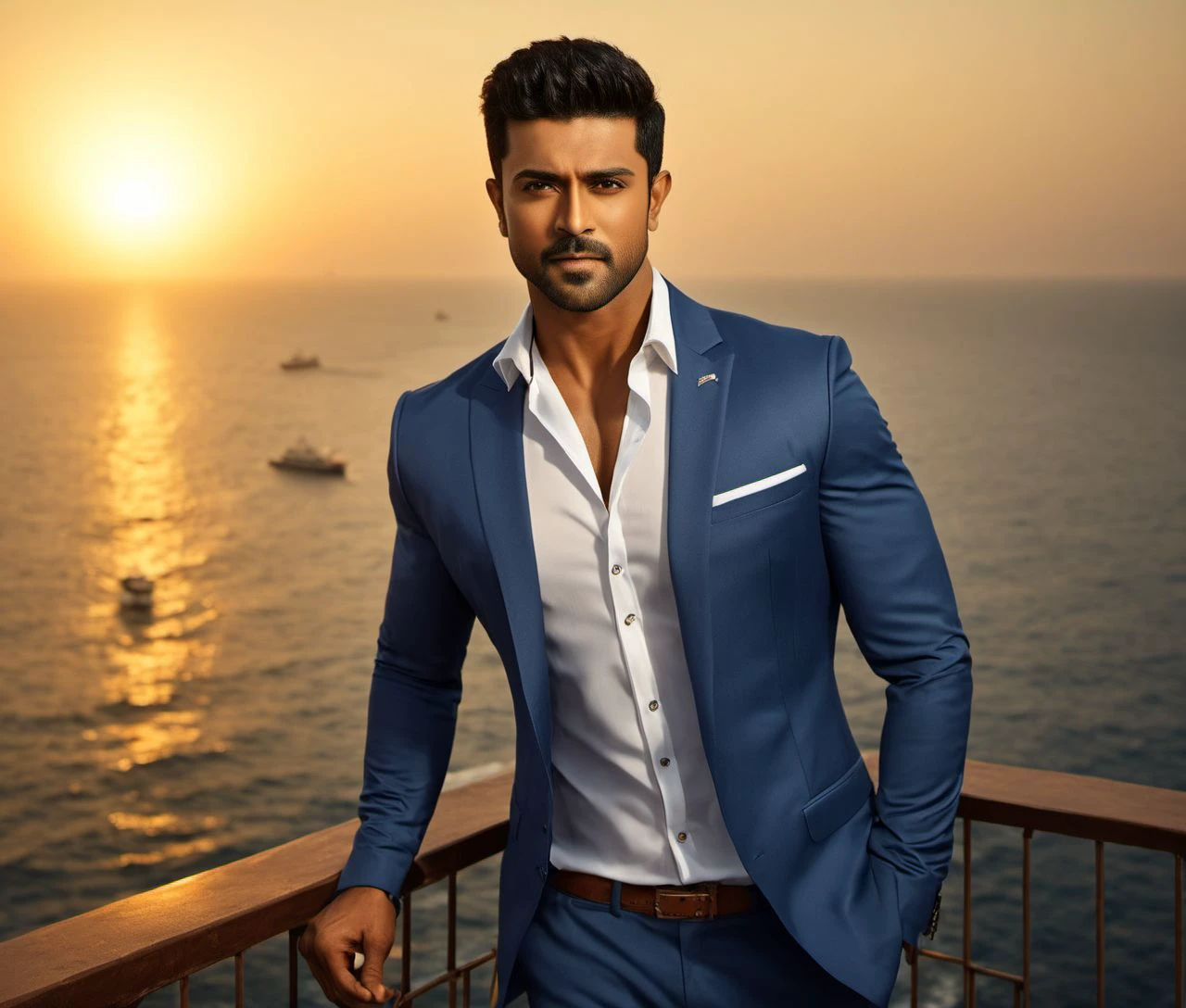 Nautical-themed (Photo:1.3) of (Ultrarealistic:1.3) <lora:Man_Men_FFashion:1> Hrithik Roshan a man <lora:Ram-Charan_Hrithik-Roshan:0.7>,  in a blue suit standing on a balcony, handsome man, attractive man, handsome male, sun behind him, inspired by Pablo Munoz Gomez, shot at golden hour, editorial photograph, midshot of a hunky, by Roman Bezpalkiv, by Artur Tarnowski, maxim sukharev, by Gabor Szikszai,Highly Detailed,(Mono Color:1.3) . Sea, ocean, ships, maritime, beach, marine life, highly detailed