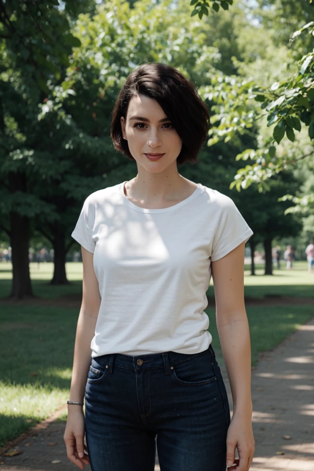 8k, RAW photo, best quality, ultra high resolution, photorealistic, slim girl with black purple short undercut haircut, in a park, warm clothes,