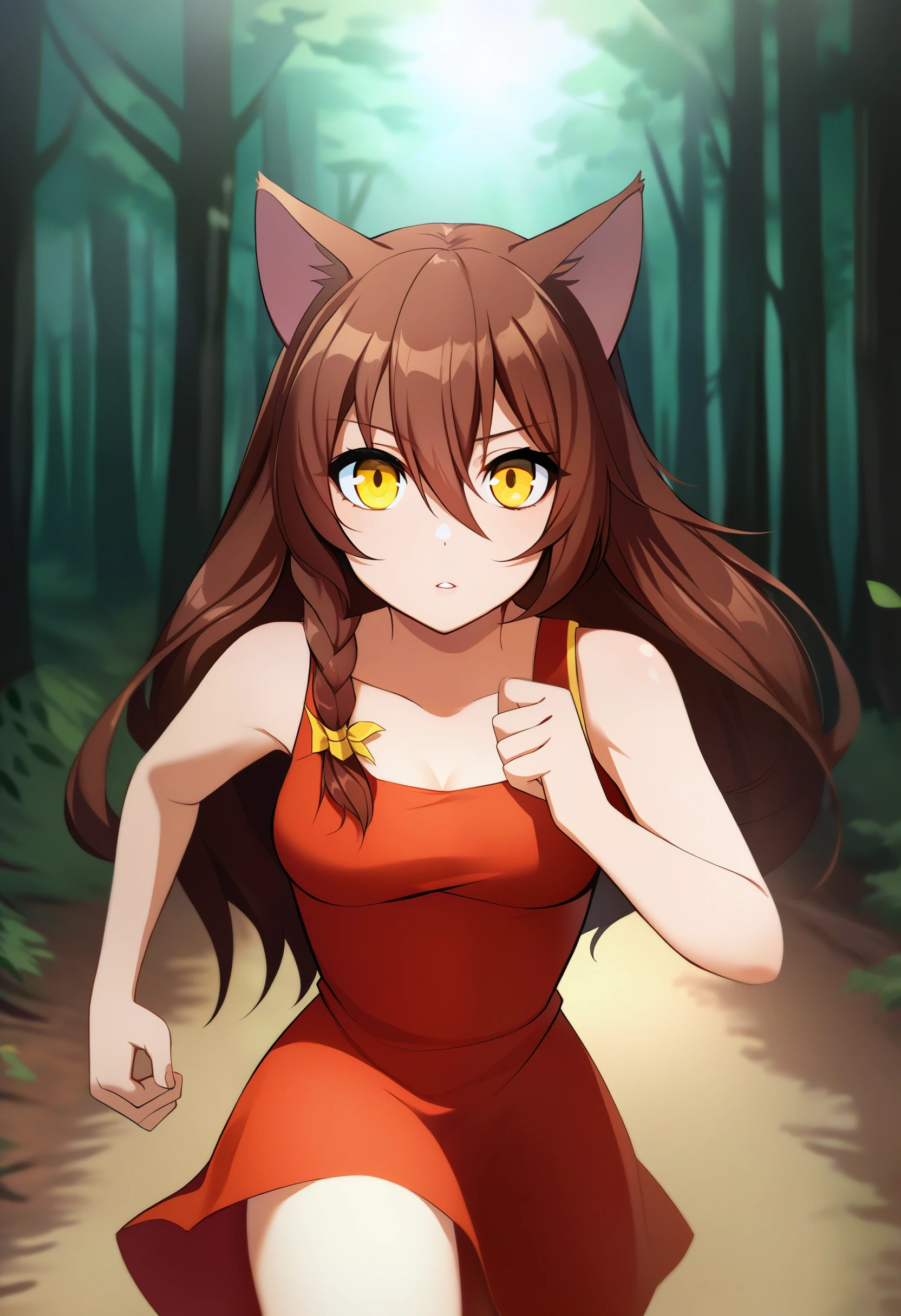 UVAO, 1girl, solo, looking at viewer, brown_hair, cat_ears, hair_between_eyes, bow, single braid, long_hair, yellow_eyes, red dress, forest, medium breasts, running <lora:UVAO-XL-animagine:0.8>