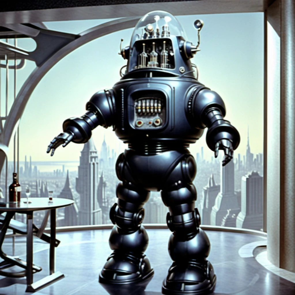 Robbie_FP50, 16k, movie still, ((cinematic)), full body standing robot, science fiction, realistic, (intricate details:1.1), retro artstyle, futuristic sci-fi city background, helmet, (extremely detailed:1.3), Forbidden Planet, metal spheres legs, <lora:Robbie_FP50_XL:1> Robbie_FP50