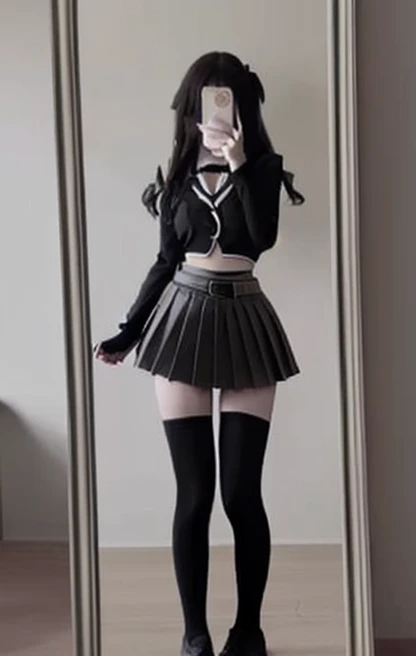 <lora:fashion_mix-10:1>, short skirt, black thigh highs, jk style, mirror selfie, full body pic, crop top