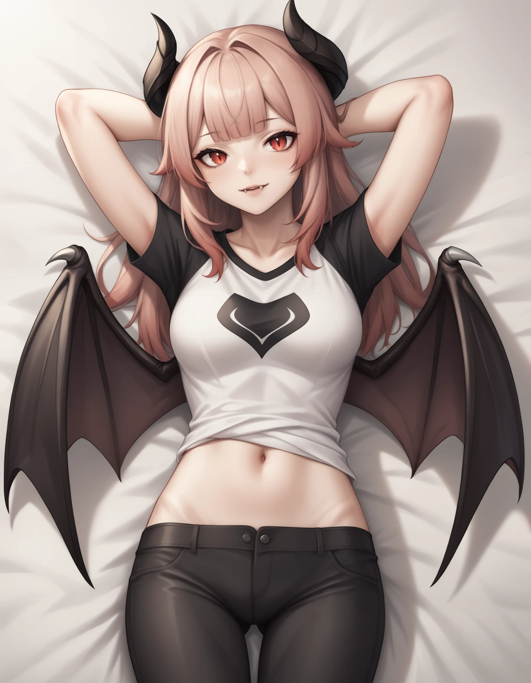 score_9, score_8_up, score_7_up, rating_safe, source_anime, solo, cowboy shot BREAK
ciara faux, horns, wings, black t-shirt, black pants, lying on back, arms behind head, dakimakura \(medium\), vampire, fangs,
<lora:ciara-ponyxl-1-000006:0.8>